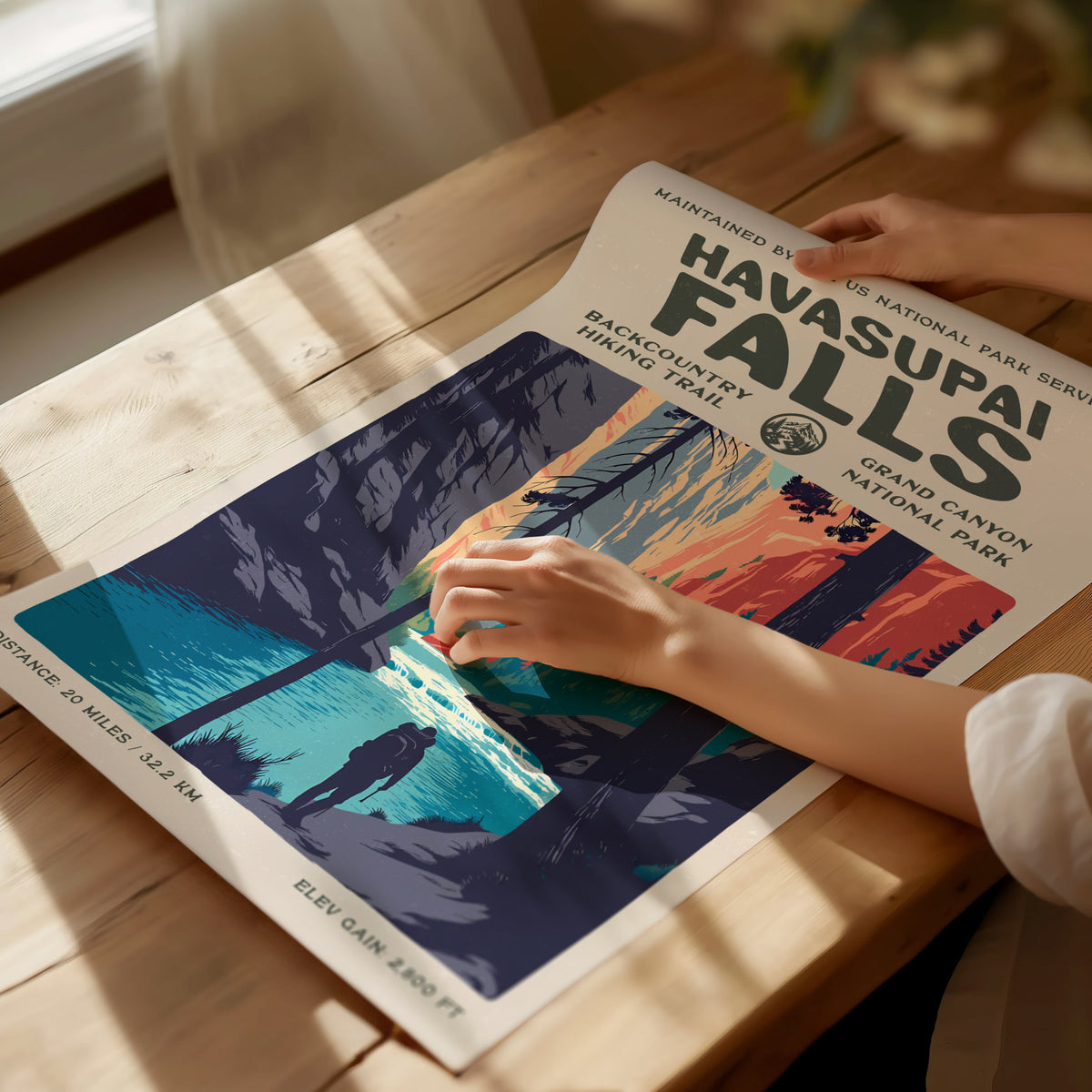 Havasupai Falls, Grand Canyon National Park Poster | Backpacker Gift | Turquoise Canyon Trail Wall Art — giclée print detail