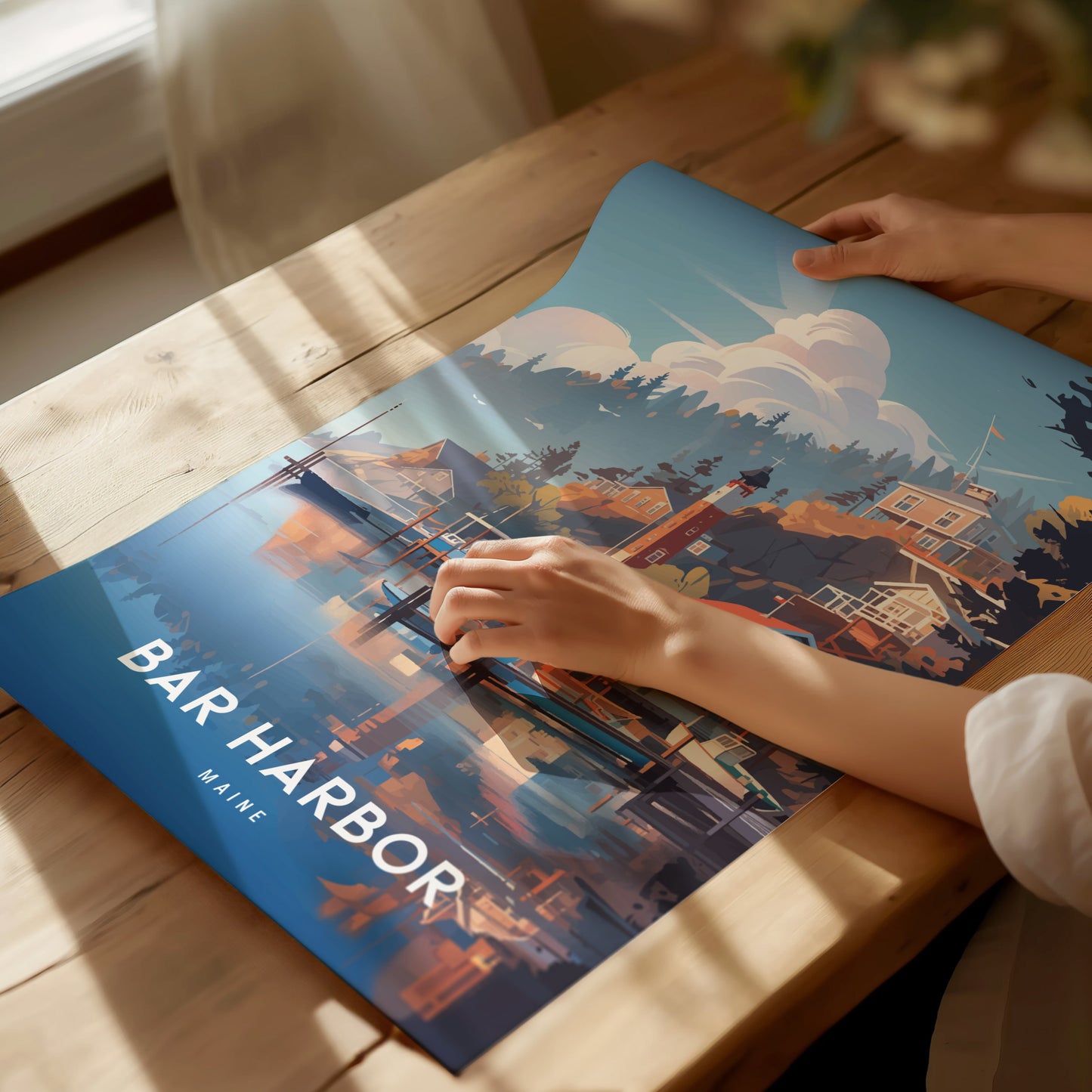 A person unrolls a colorful Bar Harbor, Maine poster on a wooden table, showcasing a coastal scene with buildings and trees under a blue sky. Sunlight casts soft shadows.