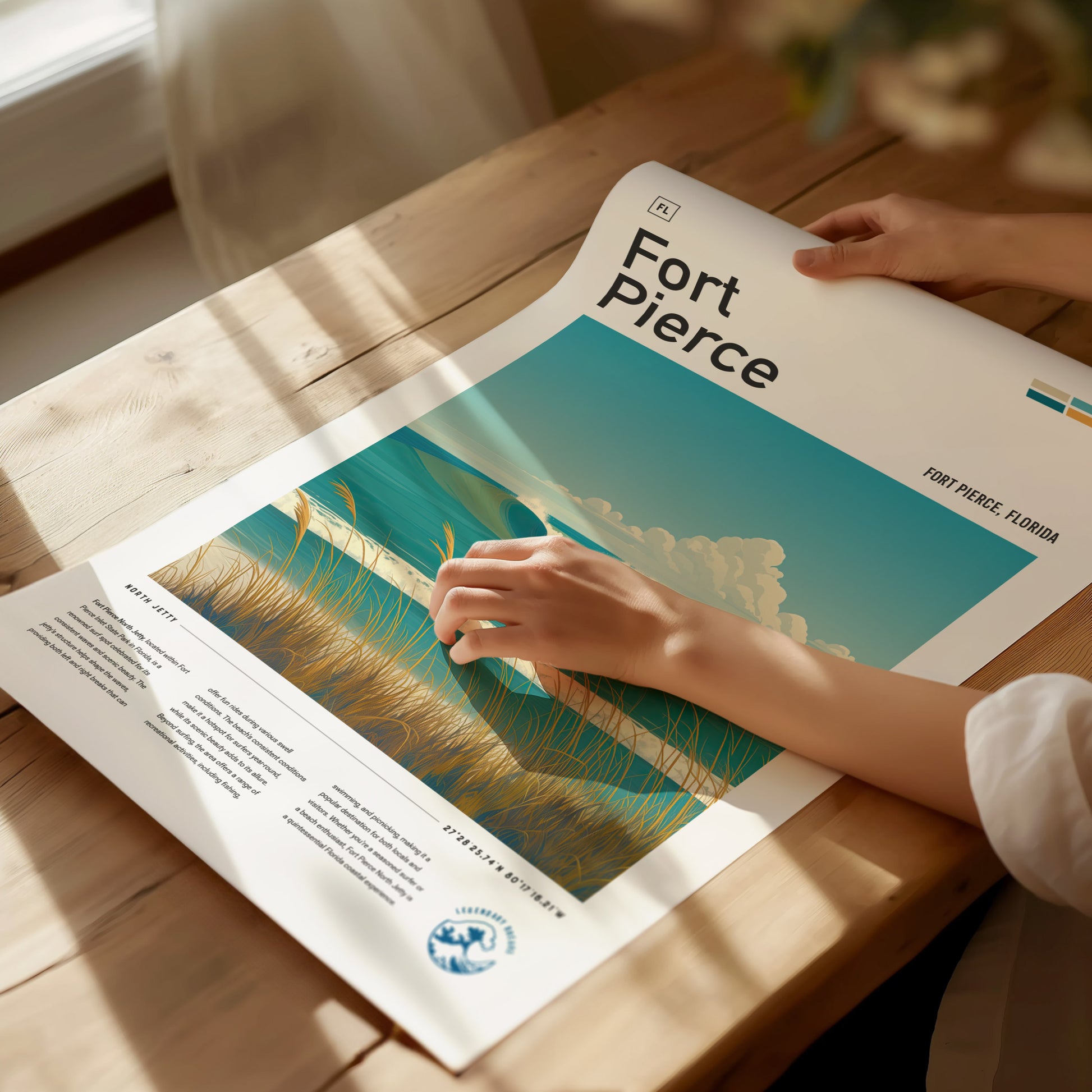 A person holds a Fort Pierce surf spot poster on a wooden table, featuring vibrant coastal art with waves, golden grasses, and a blue sky.