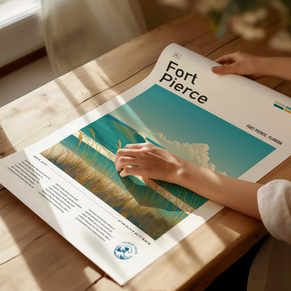 A person holds a Fort Pierce surf spot poster on a wooden table, featuring vibrant coastal art with waves, golden grasses, and a blue sky.