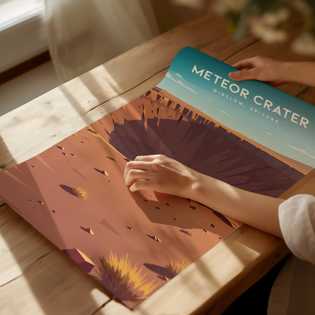Meteor Crater, Winslow, Arizona Poster | Desert Adventure Travel Wall Art — giclée print detail on matte paper