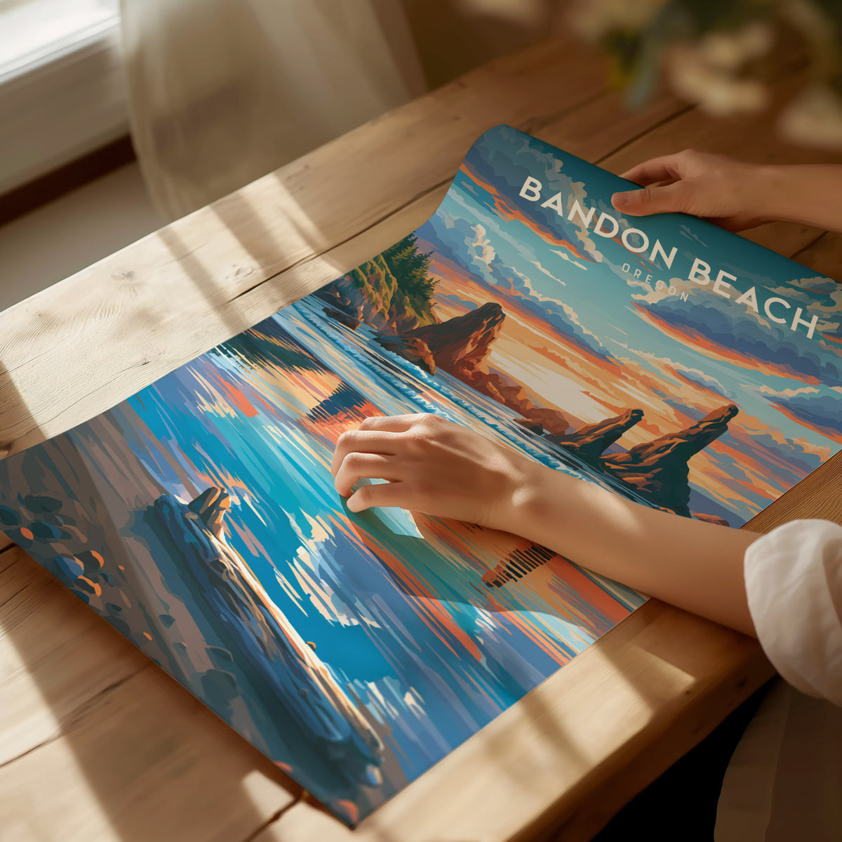 Bandon Beach, Oregon Poster | Sea Stacks & Sunset Travel Wall Art — giclée print detail on matte paper