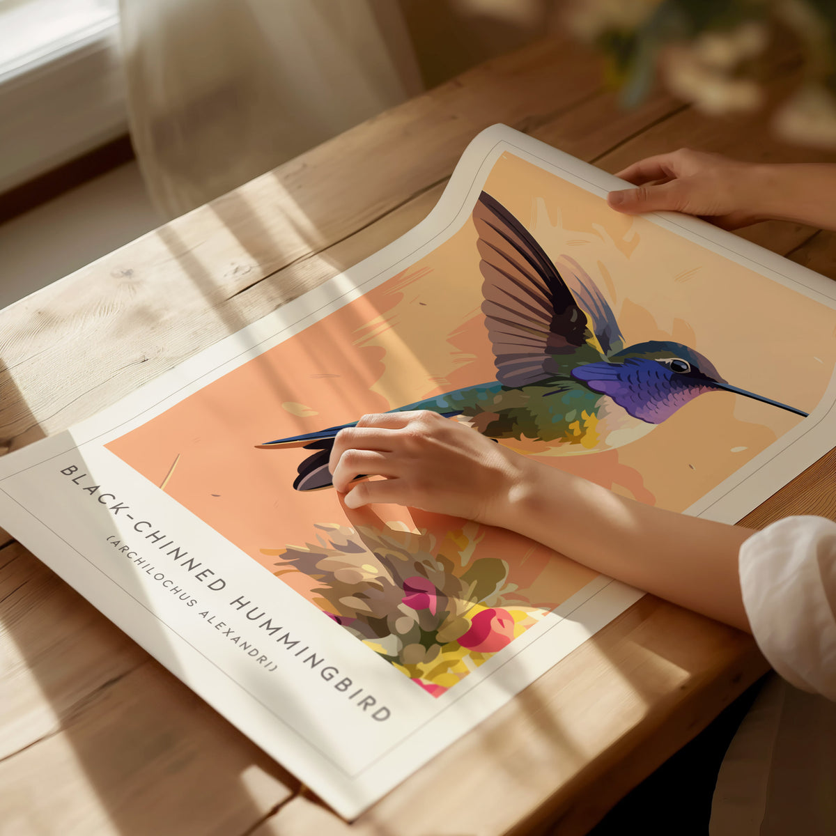 Black-chinned Hummingbird, Archilochus alexandri Poster | Jeweled Bird Wildlife Print Wall Art — giclée print detail on matte