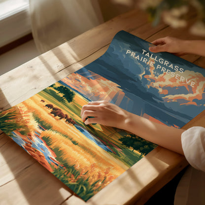 Tallgrass Prairie Preserve, Oklahoma Poster | Golden Plains & Bison Framed or Unframed Wall Art — giclée print detail on matt