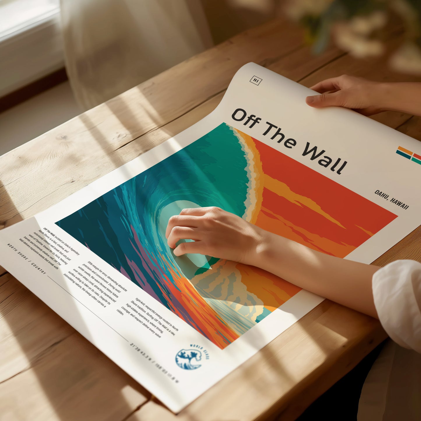 Framed Off The Wall poster showcasing a vibrant teal wave against a warm orange sky, perfect surf art decor for any surfer gift.
