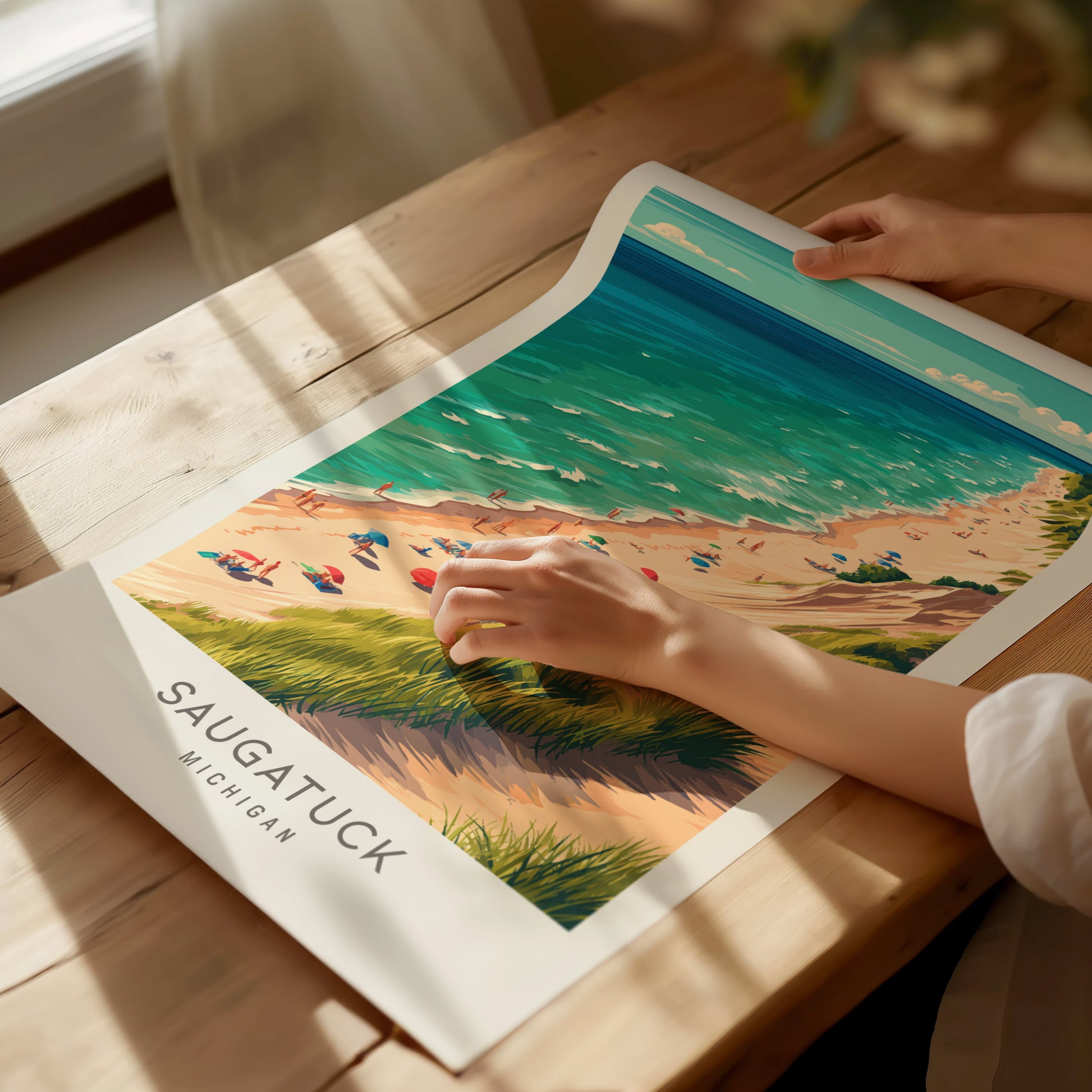 Saugatuck Matte Border Poster | Michigan Coastal Beach Decor Travel Wall Art — giclée print detail on matte paper