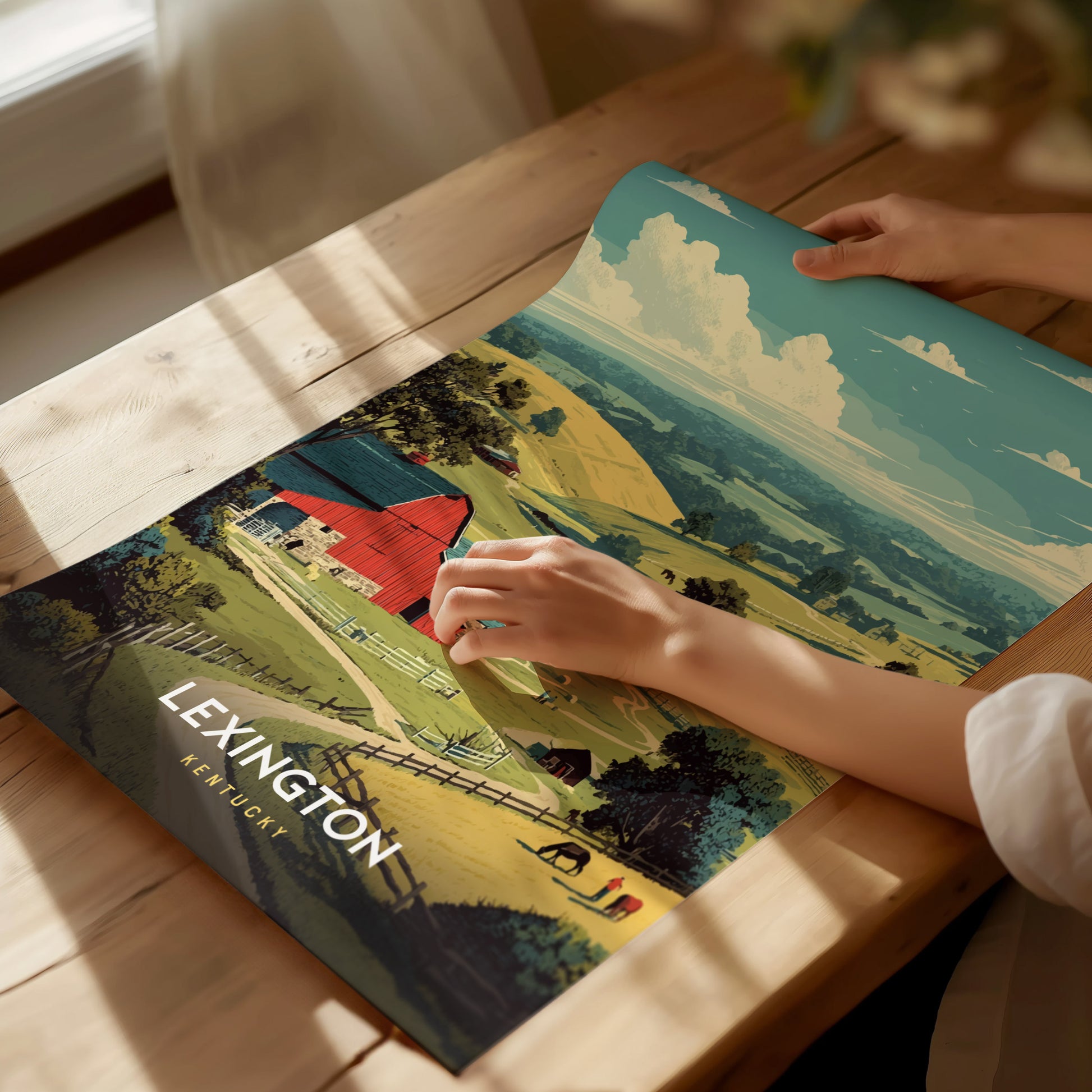 Framed Lexington, Kentucky wall art featuring a red barn, grazing horses, and rolling hills in vibrant colors, perfect for travel art lovers.
