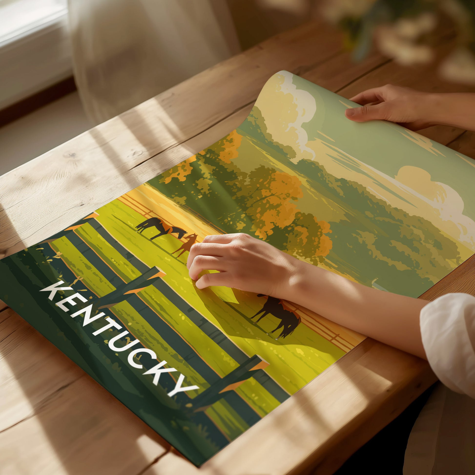 A person unrolls a vibrant Kentucky-themed poster on a wooden table, featuring green pastures, horses, and a black fence with the word Kentucky prominently displayed.