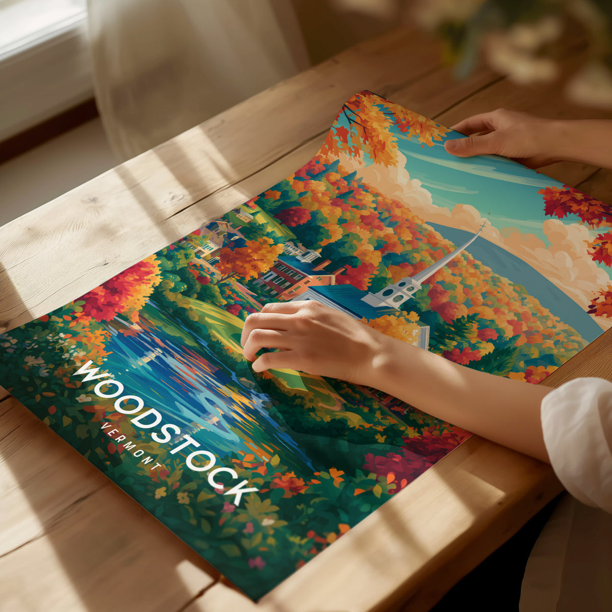 Woodstock, Vermont Poster | New England Covered Bridge Vacation Wall Art — giclée print detail on matte paper