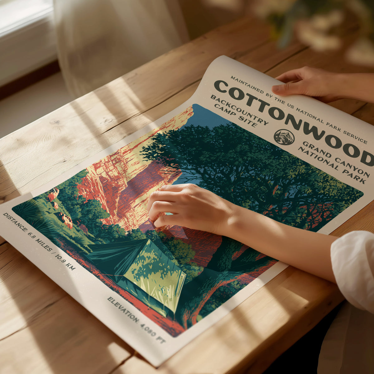 Cottonwood Camp, Grand Canyon National Park Poster | Camper Gift | Backcountry Canyon Trail Wall Art — giclée print detail on