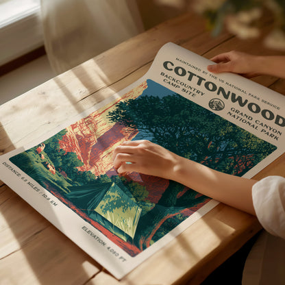 Cottonwood Camp, Grand Canyon National Park Poster | Camper Gift | Backcountry Canyon Trail Wall Art — giclée print detail on