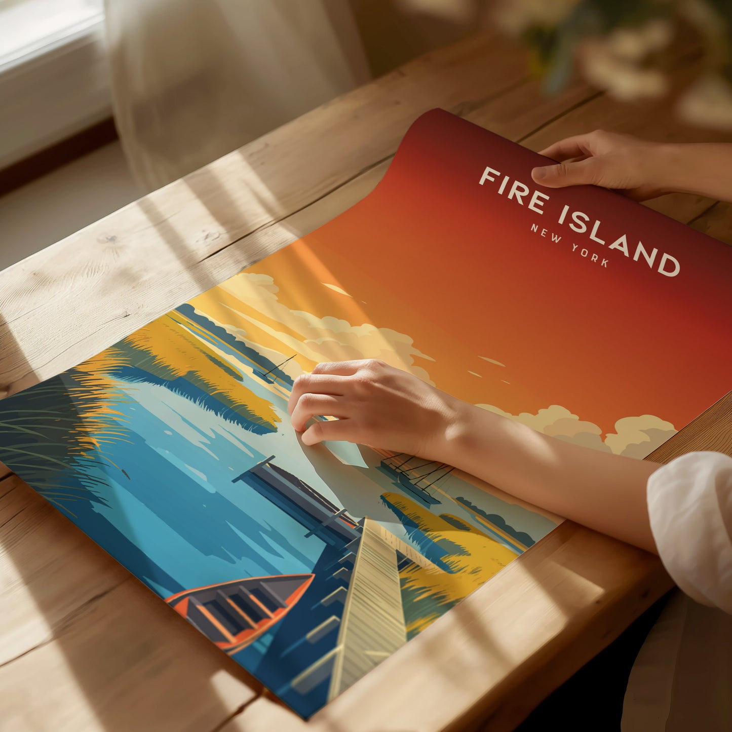 Fire Island, New York Poster | Dunes & Lighthouse Seaside Wall Art — giclée print detail on matte paper