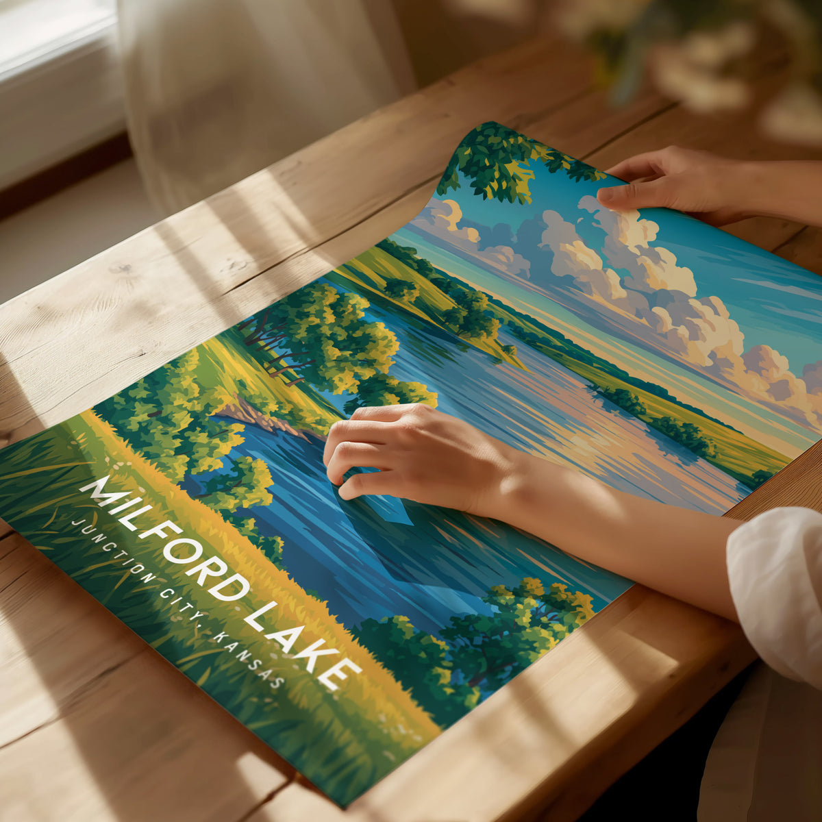 Milford Lake, Junction City, Kansas Poster | Lakeside Serenity Destination Print Wall Art — giclée print detail on matte pape