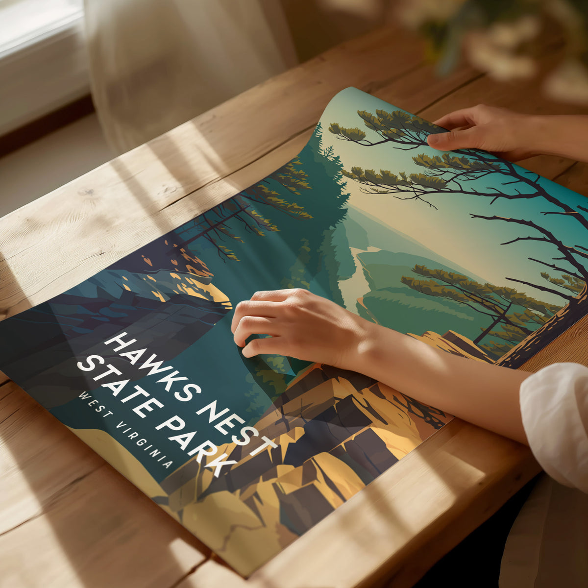 Hawks Nest State Park, West Virginia Poster | New River Gorge Scenic Vacation Wall Art — giclée print detail on matte paper
