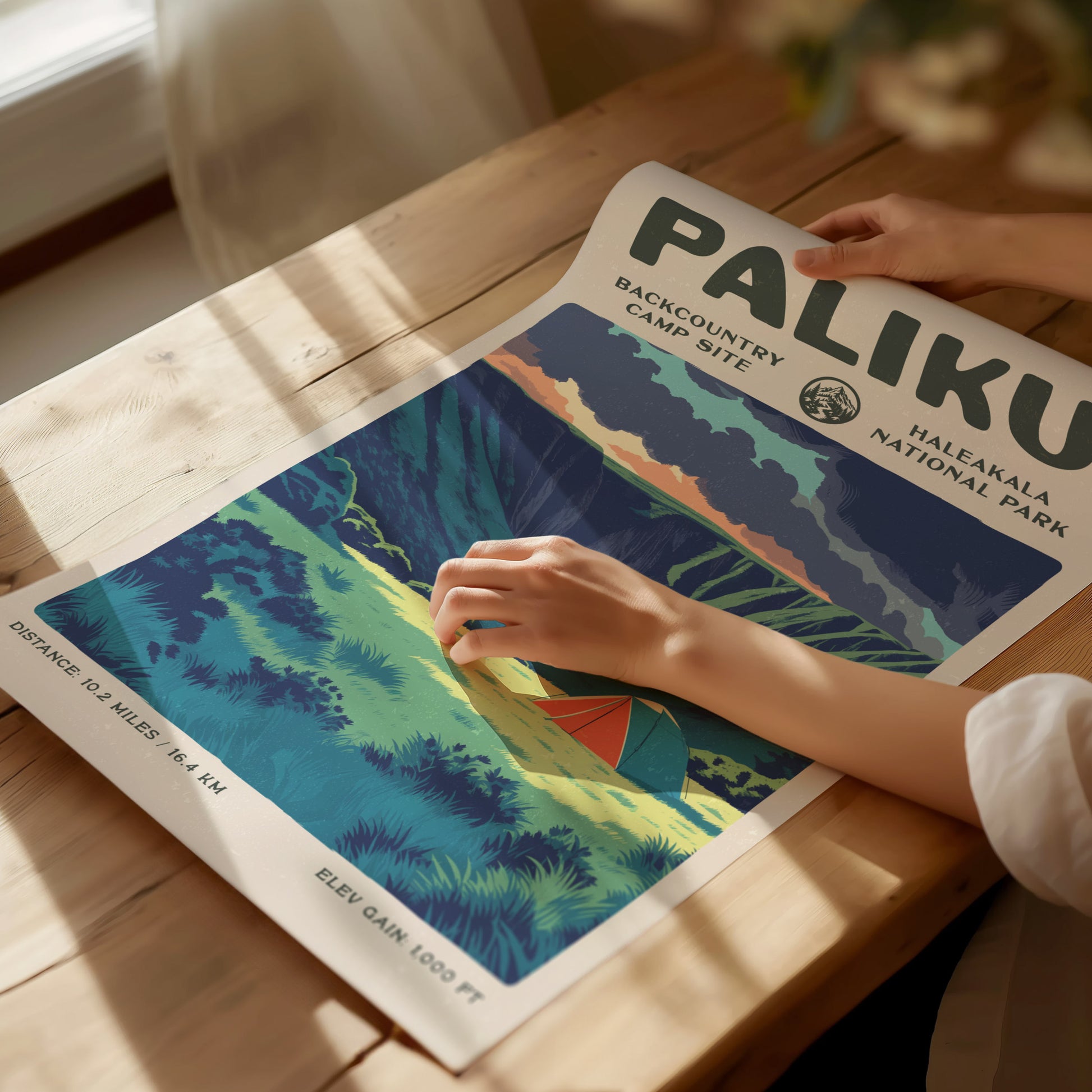 Paliku, Haleakala National Park Poster | Backpacker Gift | Misty Crater Wilderness Wall Art — giclée print detail on matte pa