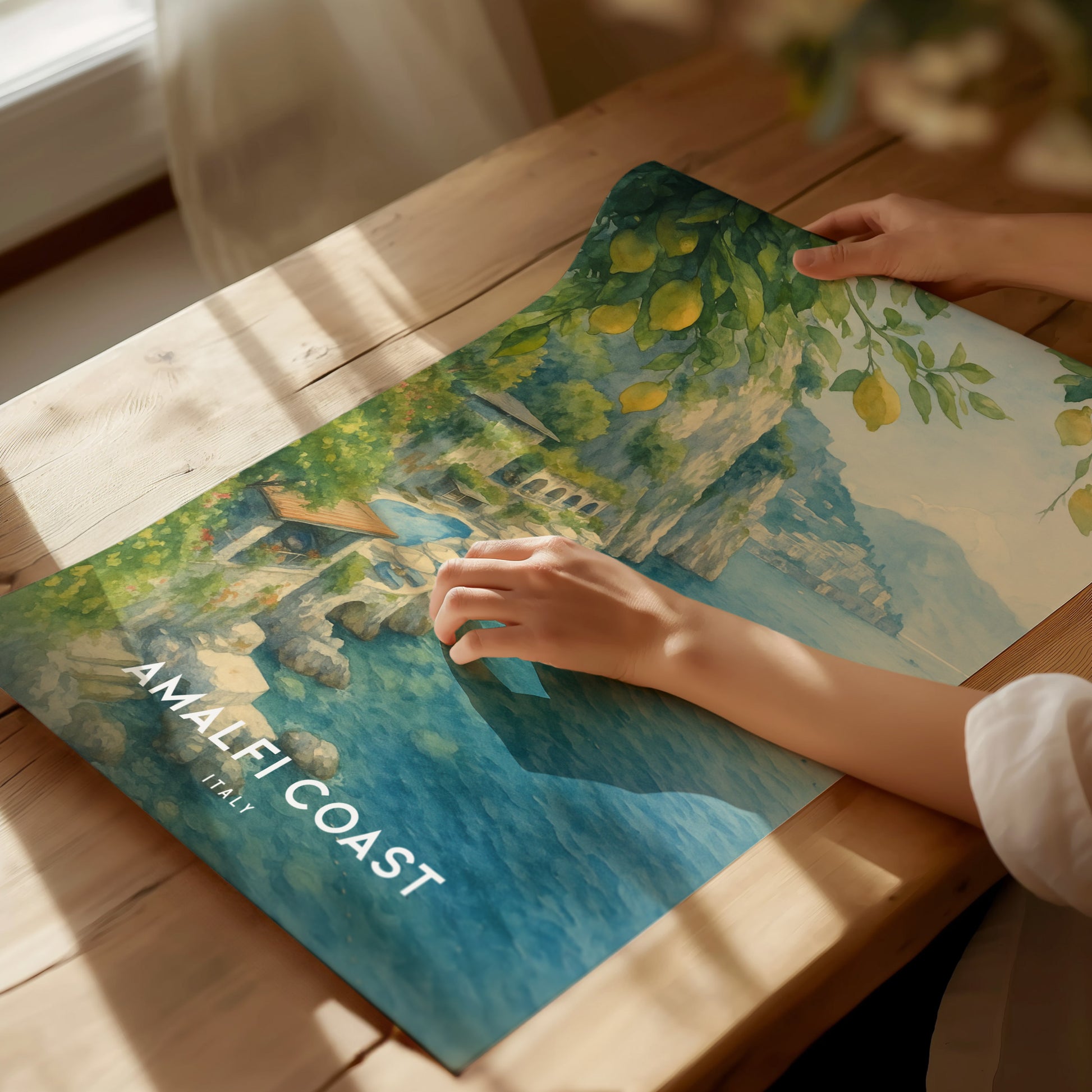 Amalfi Coast Italy Watercolor Travel Print | Hotel Santa Caterina Wall Art Poster | Framed or Unframed