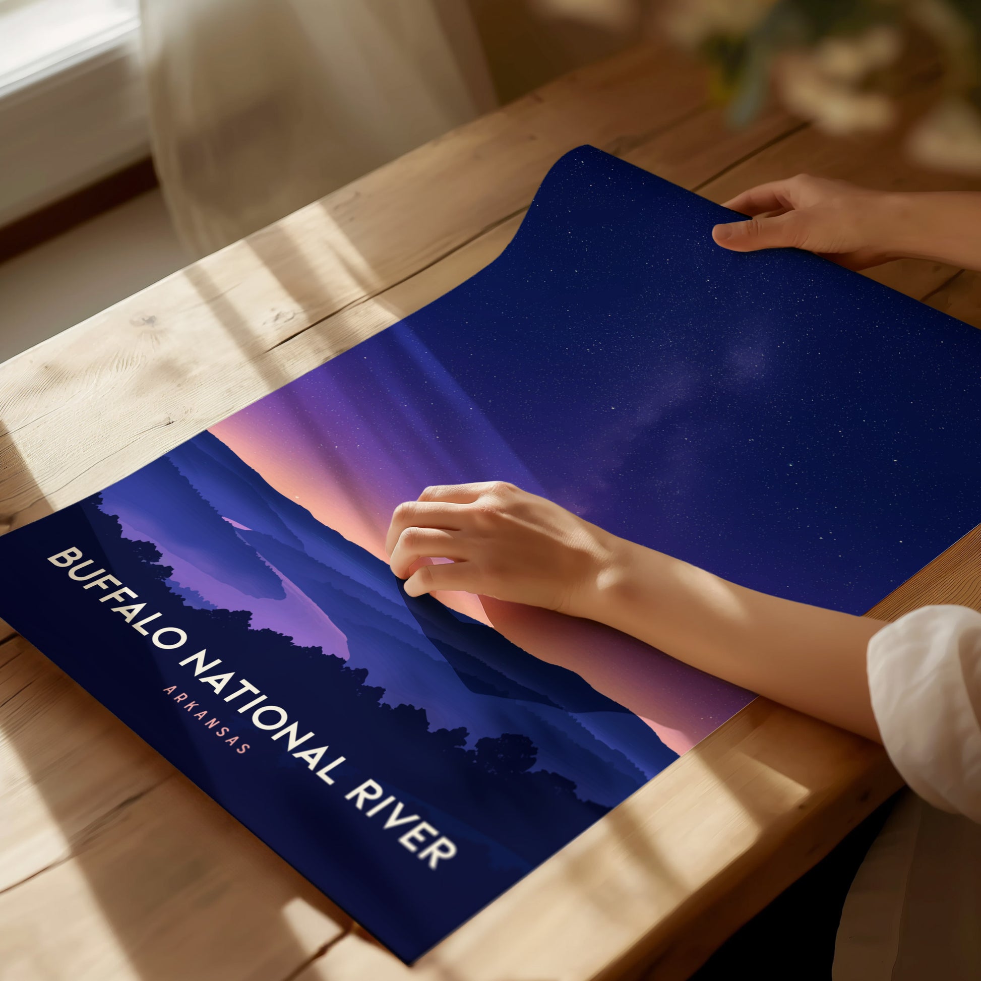 Framed Buffalo National River poster featuring a serene nighttime landscape with rolling hills, starlit sky, and flowing water.