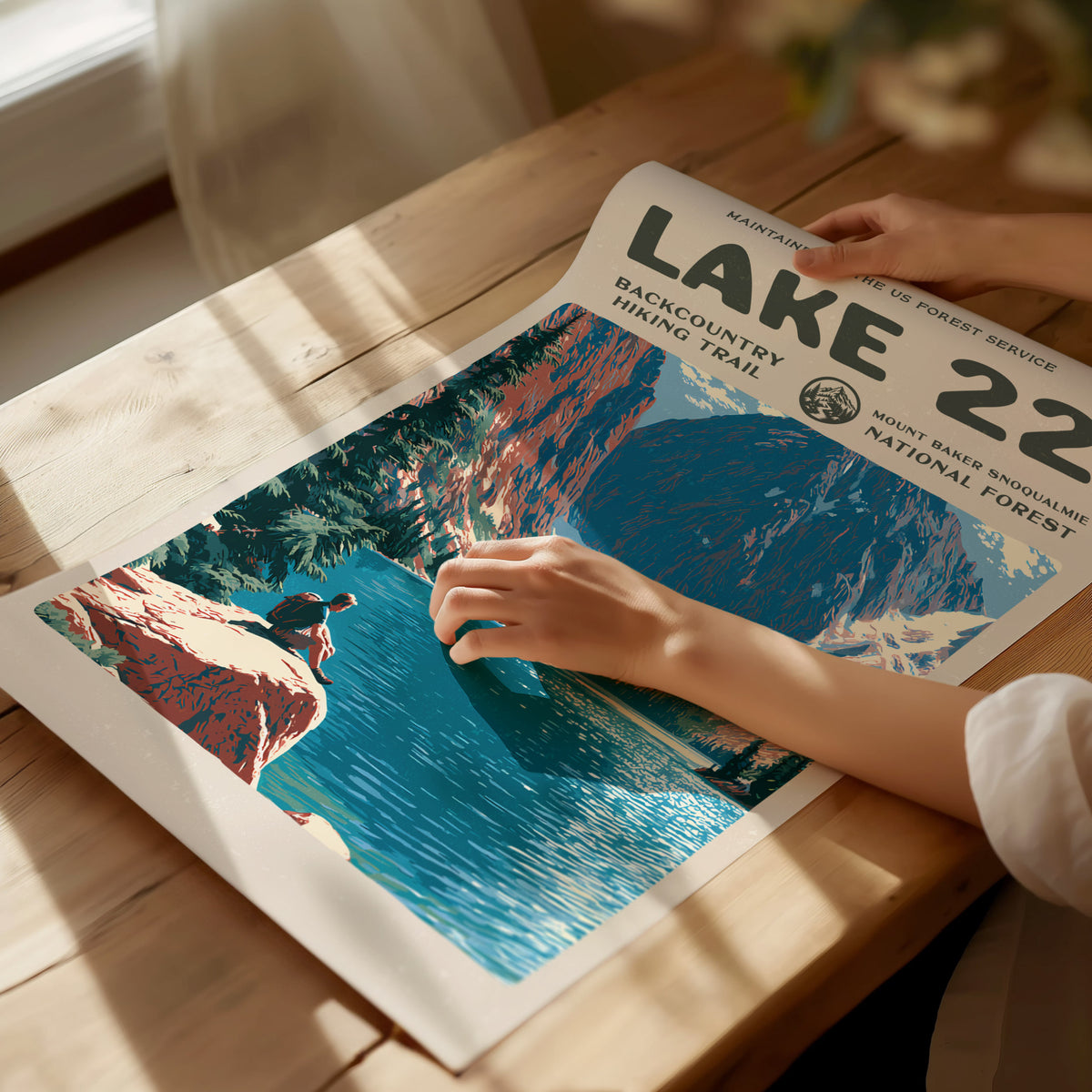 Lake 22, Mount Baker-Snoqualmie National Forest Poster | Hiker Gift | Backcountry Trail Wall Art — giclée print detail on mat