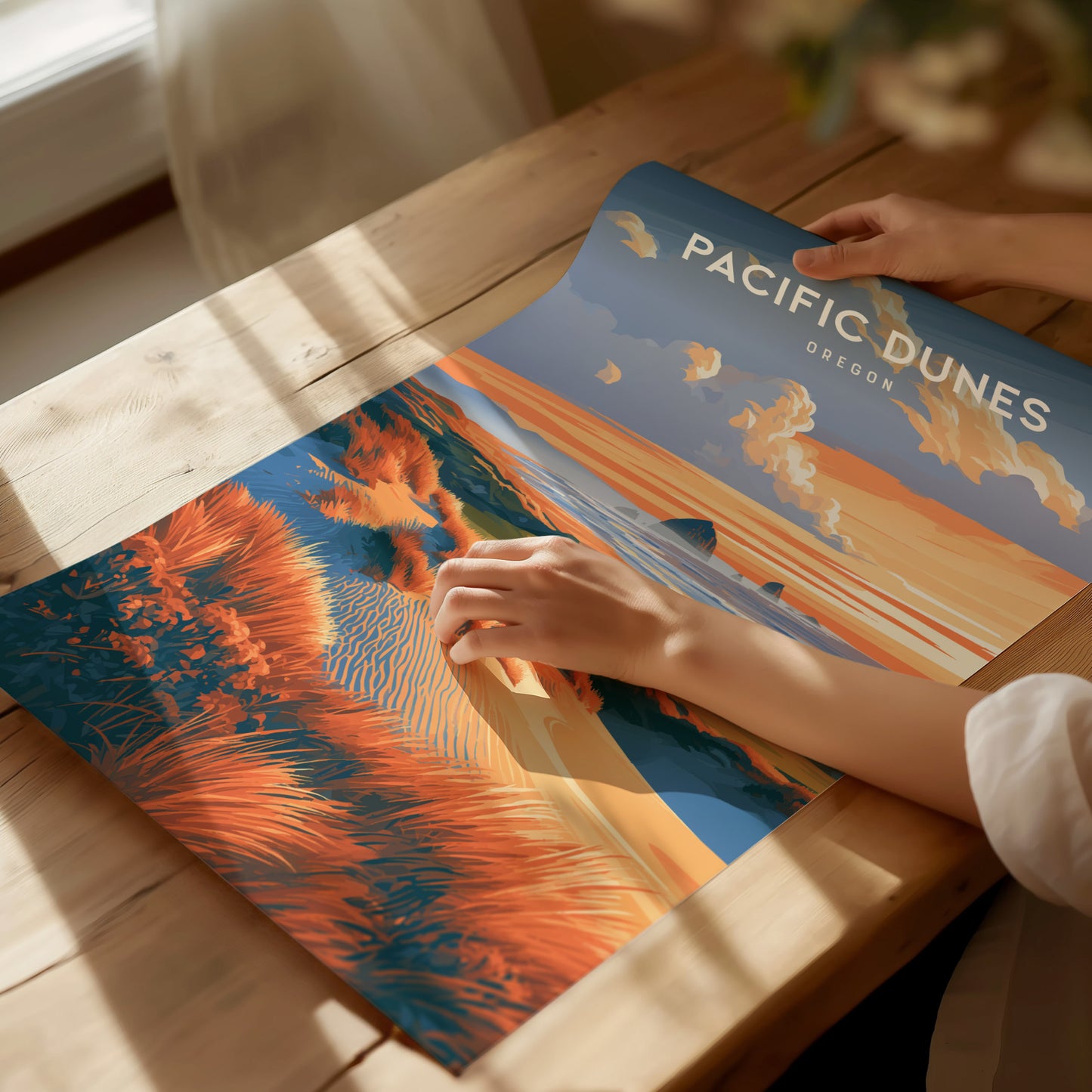 Pacific Dunes, Oregon Poster | Windswept Coast Destination Print Wall Art — giclée print detail on matte paper