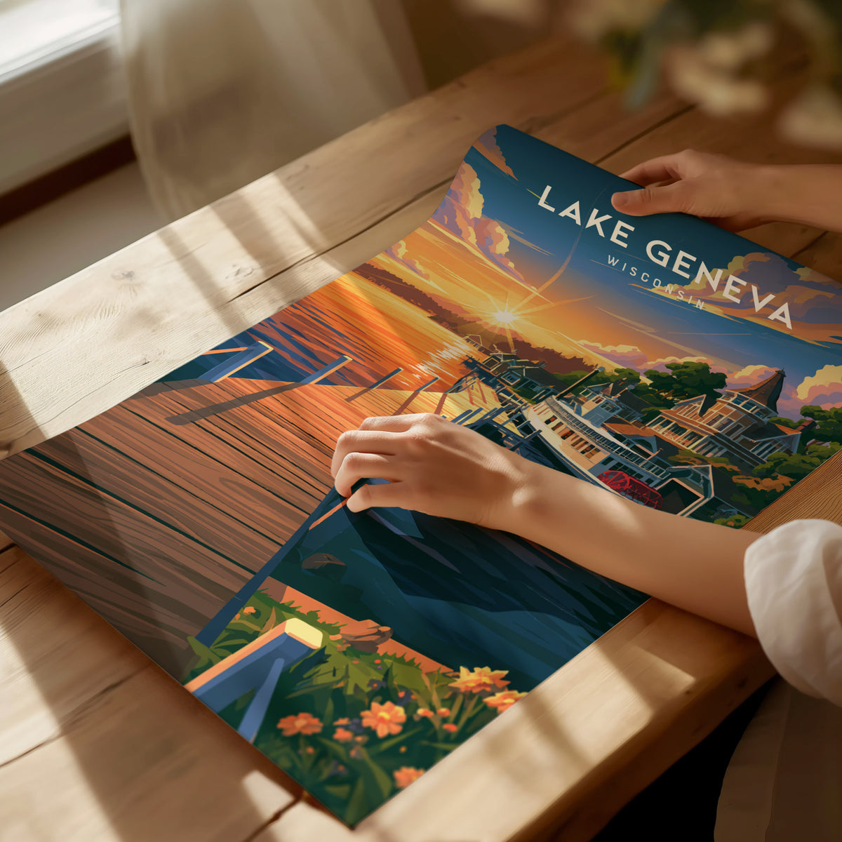 Lake Geneva, Wisconsin Poster | Lakeside Charm Destination Print Wall Art — giclée print detail on matte paper