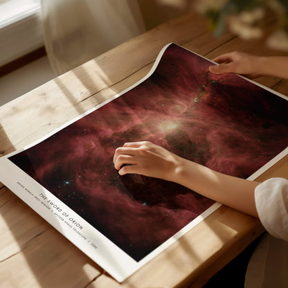 Unframed Sword of Orion NASA poster printed on matte archival paper laid flat on a tabletop