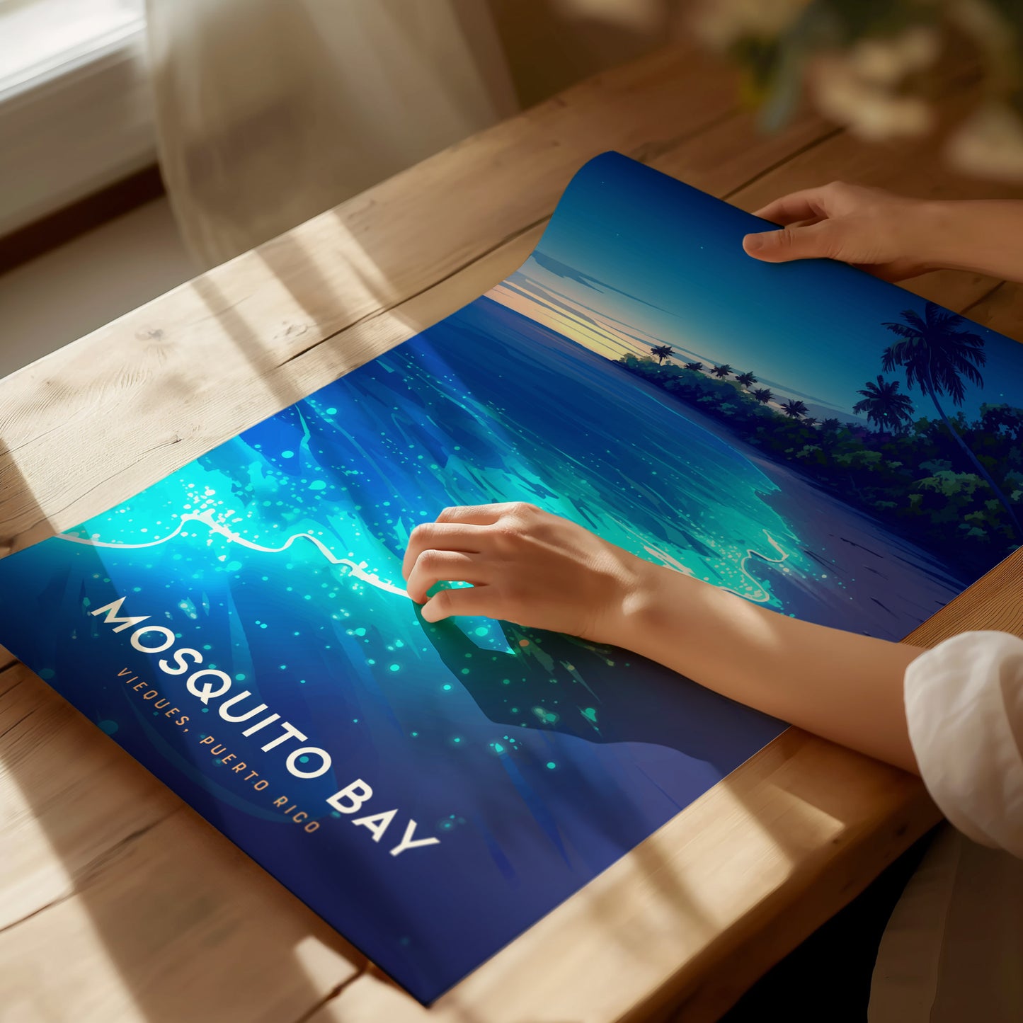 Framed Mosquito Bay poster showcasing glowing blue water at dusk, vibrant colors, and tropical foliage, perfect travel art decor.