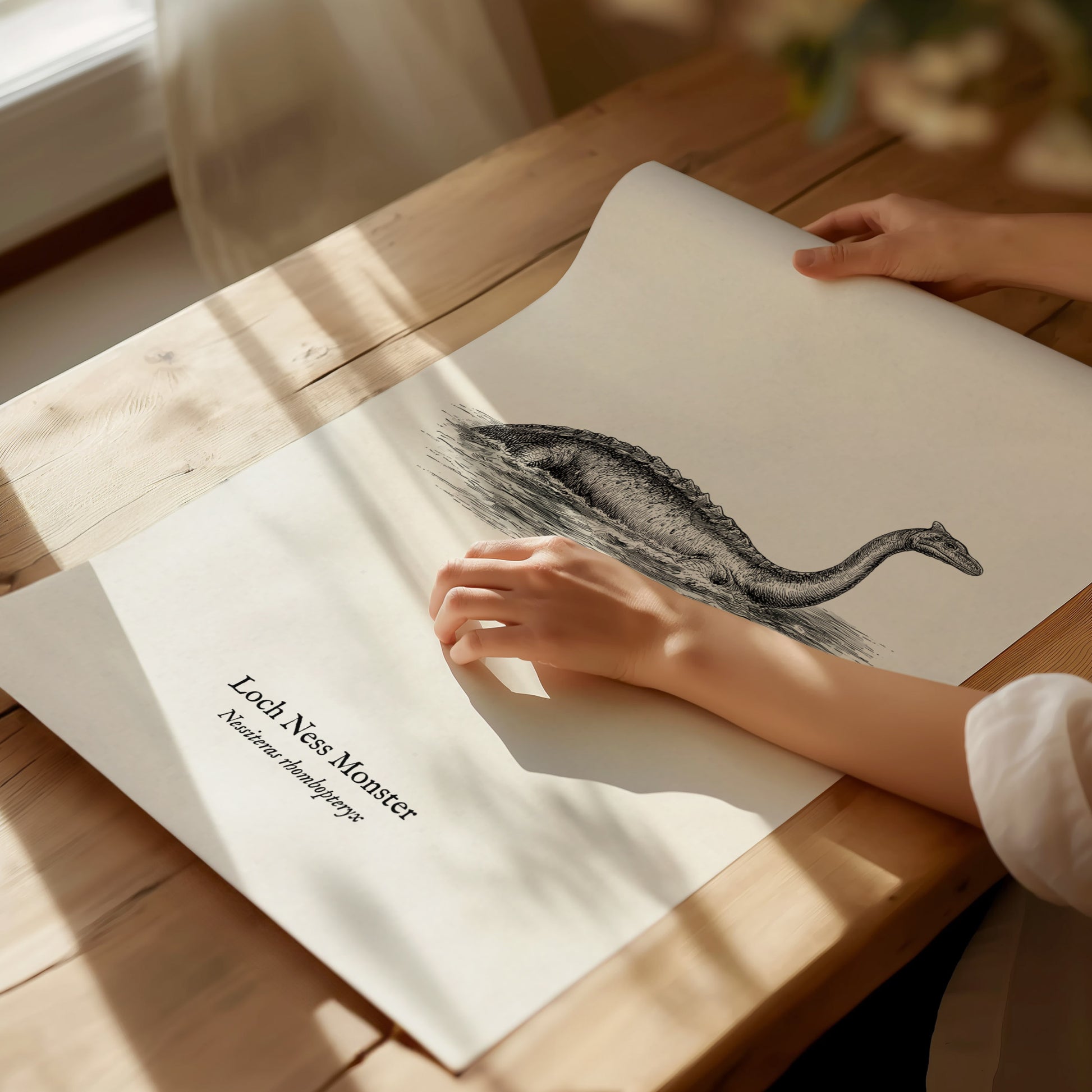 Loch Ness Monster Poster | Vintage Nessiteras rhombopteryx Zoological Illustration Wall Art — giclée print detail on matte pa