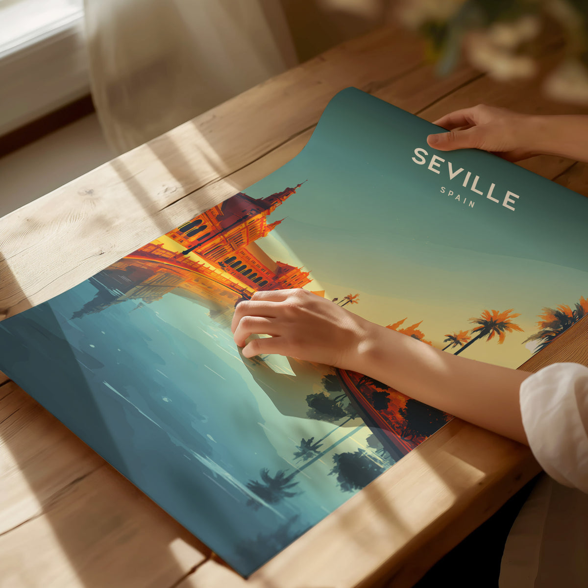 A person is gently holding a vibrant poster featuring a stylized depiction of Seville, Spain. The artwork showcases iconic architecture with golden towers and palm trees against a serene gradient background.