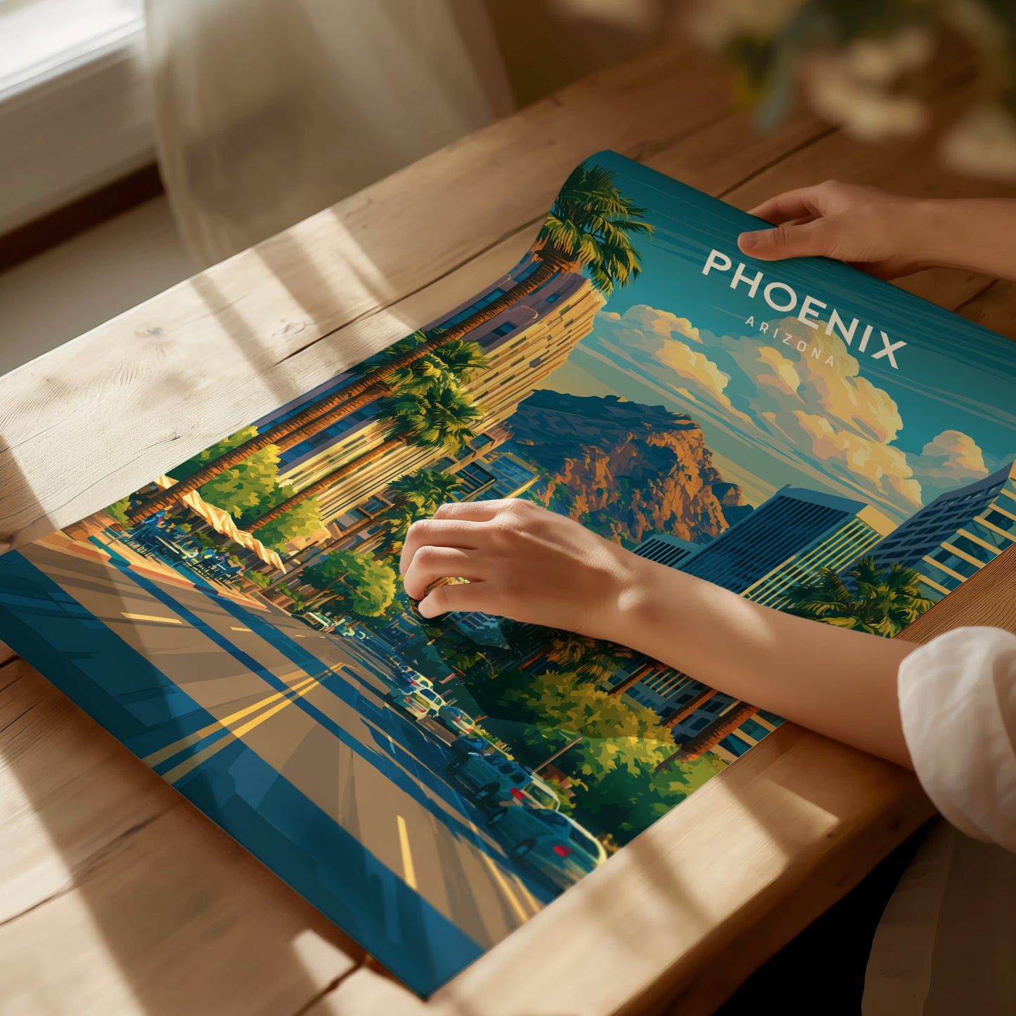 Phoenix, Arizona Poster | Desert Skyline & Saguaro Sunset Wall Art — giclée print detail on matte paper