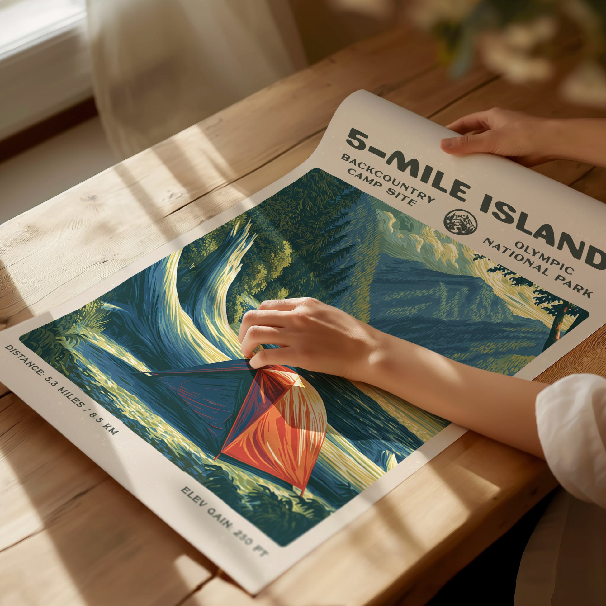 5-Mile Island, Olympic National Park Poster | Hiker Gift | Rainforest River Backcountry Wall Art — giclée print detail on mat