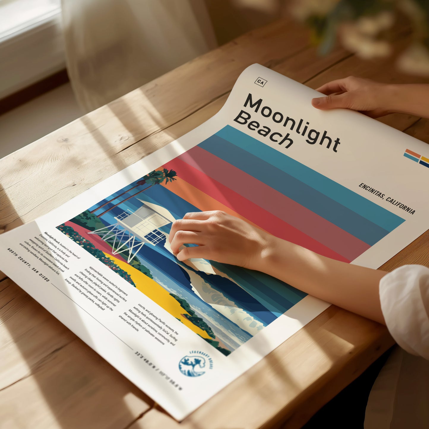 Artistic Moonlight Beach poster featuring a vibrant lifeguard tower, colorful sunset sky, and lush palm trees, perfect surf decor.