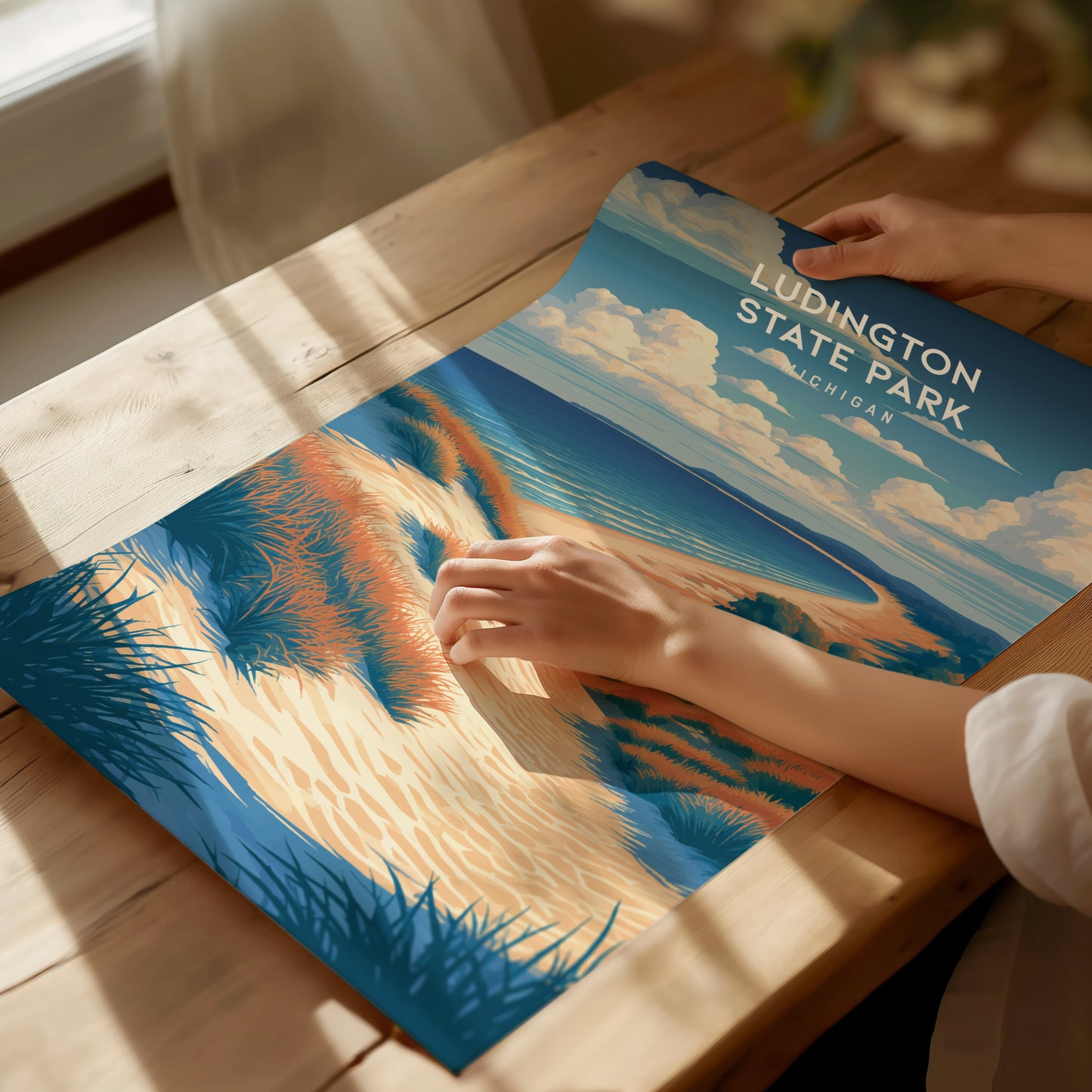 Ludington State Park, Michigan Poster | Dunes & Lighthouse Lakeshore Wall Art — giclée print detail on matte paper