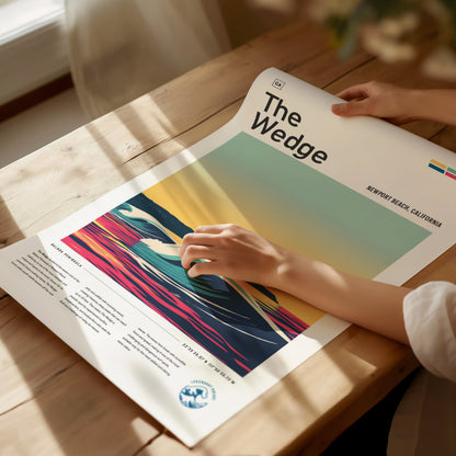 A person examines a colorful poster titled The Wedge depicting a stylized wave scene, lying on a wooden table with natural light streaming in from the side.
