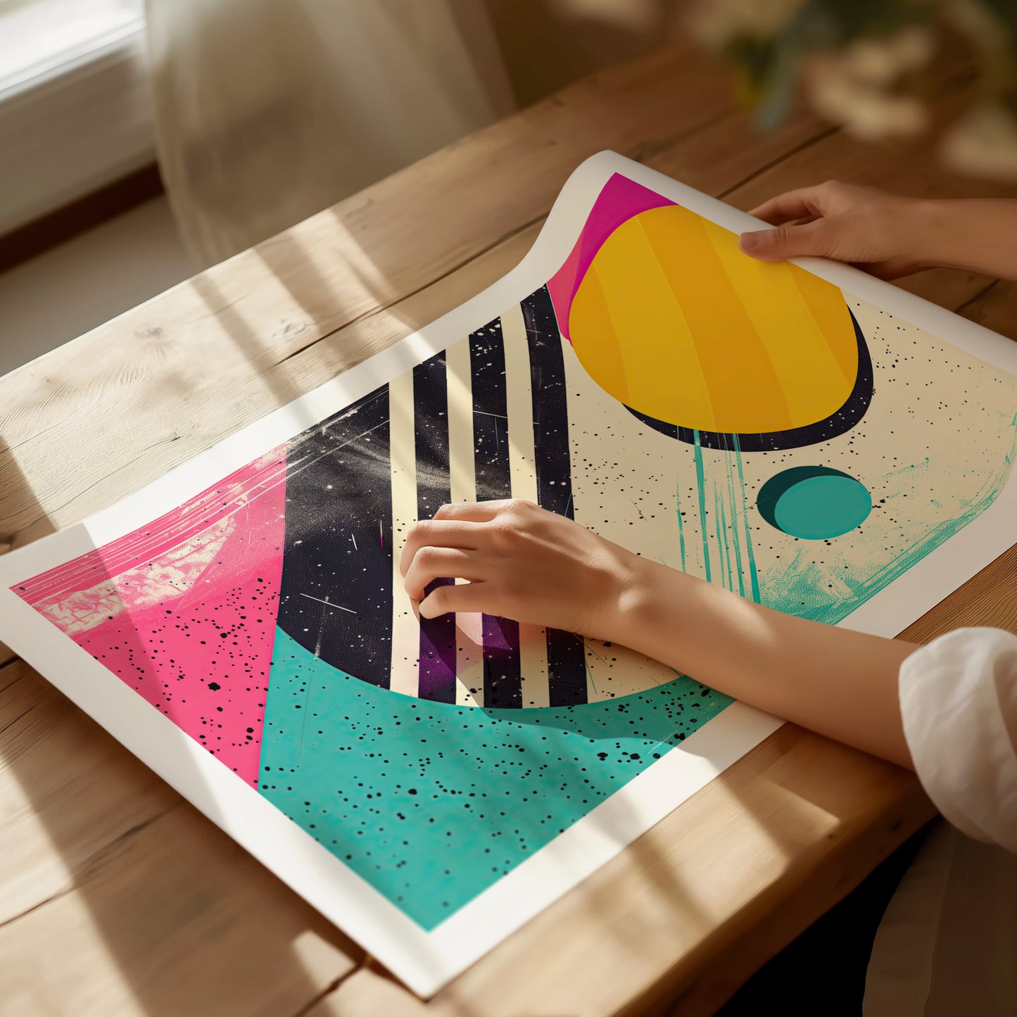 A person examines a colorful abstract poster featuring geometric shapes and vibrant colors on a wooden table, with sunlight streaming through a nearby window.