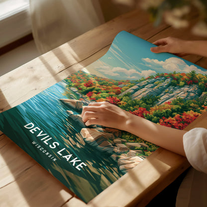 Devils Lake, Wisconsin Poster | Bluffs & Blue Water Travel Wall Art — giclée print detail on matte paper