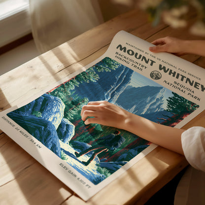 Mount Whitney, Sequoia National Park Poster | Hiker Gift | Backcountry Trail Wall Art — giclée print detail on matte paper