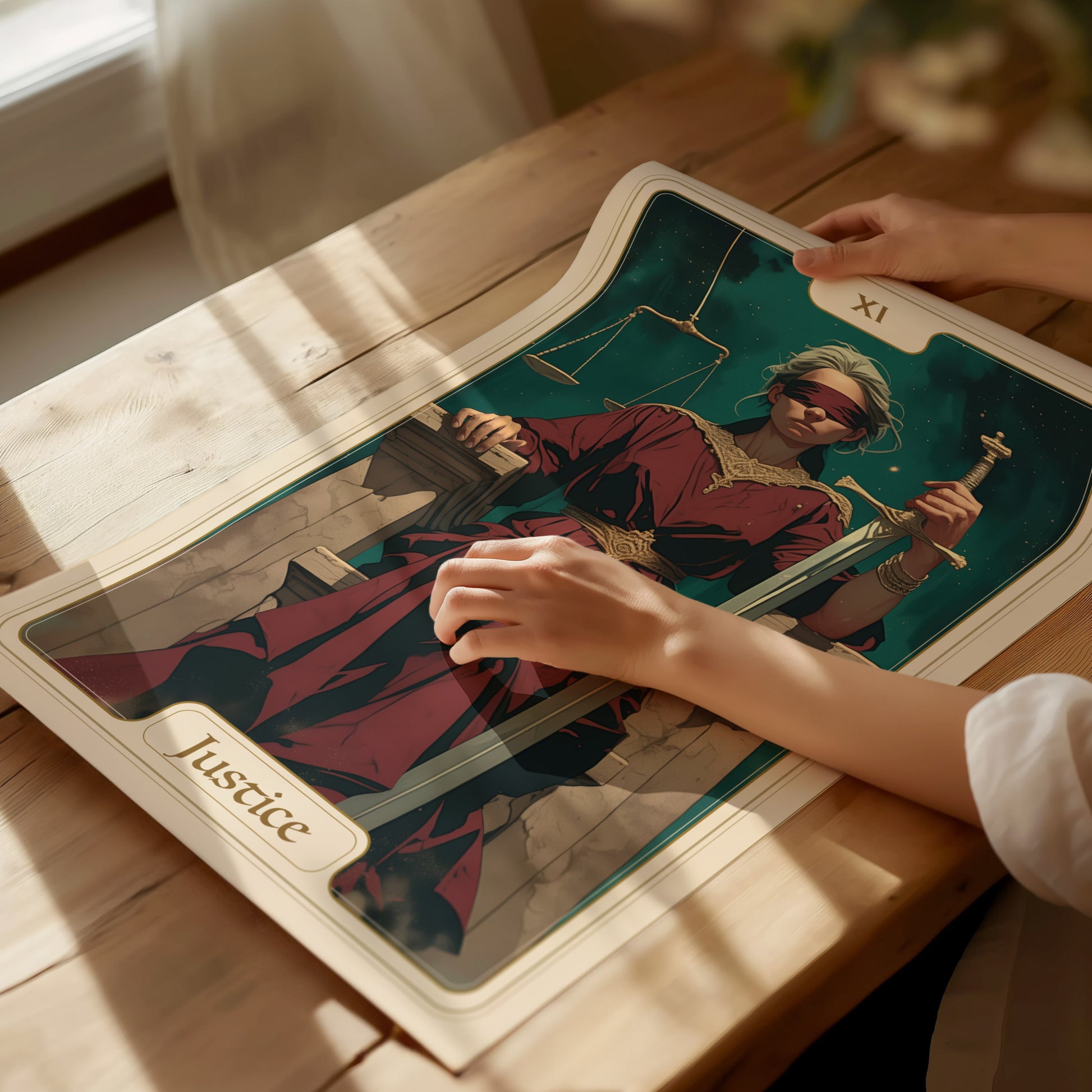 A person gently holds a Justice Tarot Card Poster on a wooden table. The artwork features a blindfolded figure in a red robe, holding a double-edged sword and scales, set against a dark starry background.