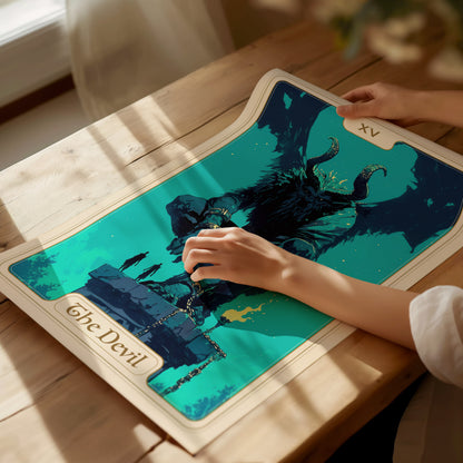 Intricate tarot art poster featuring "The Devil" card with a powerful creature in teal, flames in fiery yellows, and ornate borders.