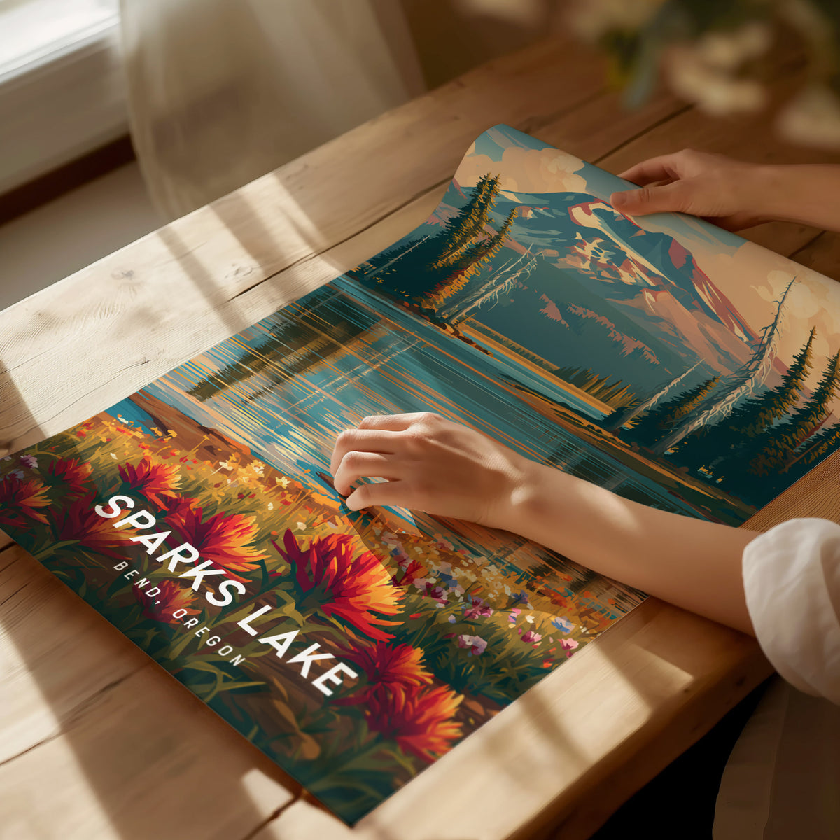 Sparks Lake, Bend, Oregon Poster | Mountain Reflections Vacation Wall Art — giclée print detail on matte paper