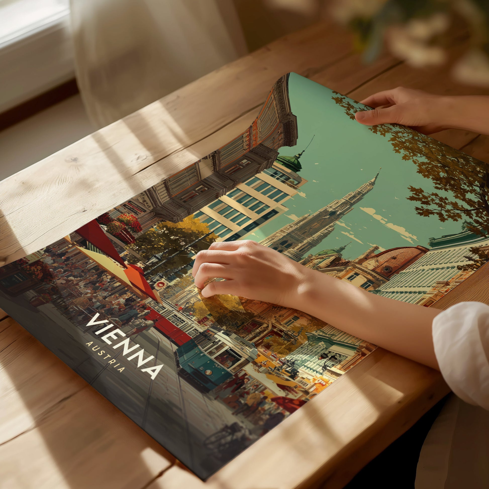 Framed Vienna cityscape poster featuring vibrant street view, Gothic architecture, cafes with colorful awnings, and lively urban atmosphere.