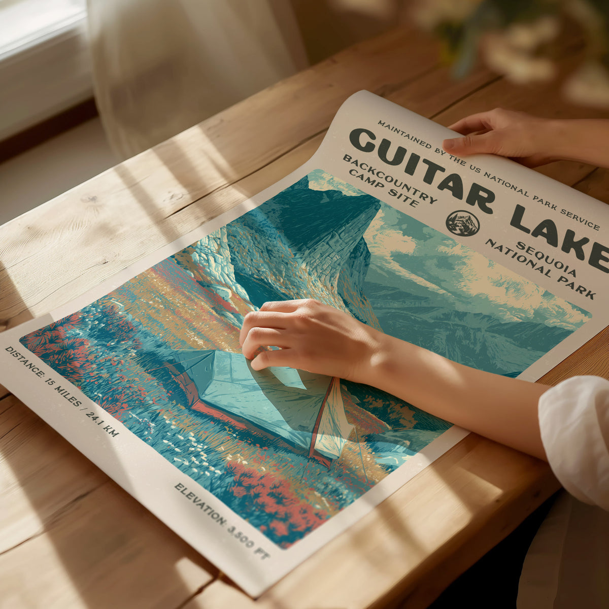 Guitar Lake, Sequoia National Park Poster | Hiker Gift | Backcountry Trail Wall Art — giclée print detail on matte paper