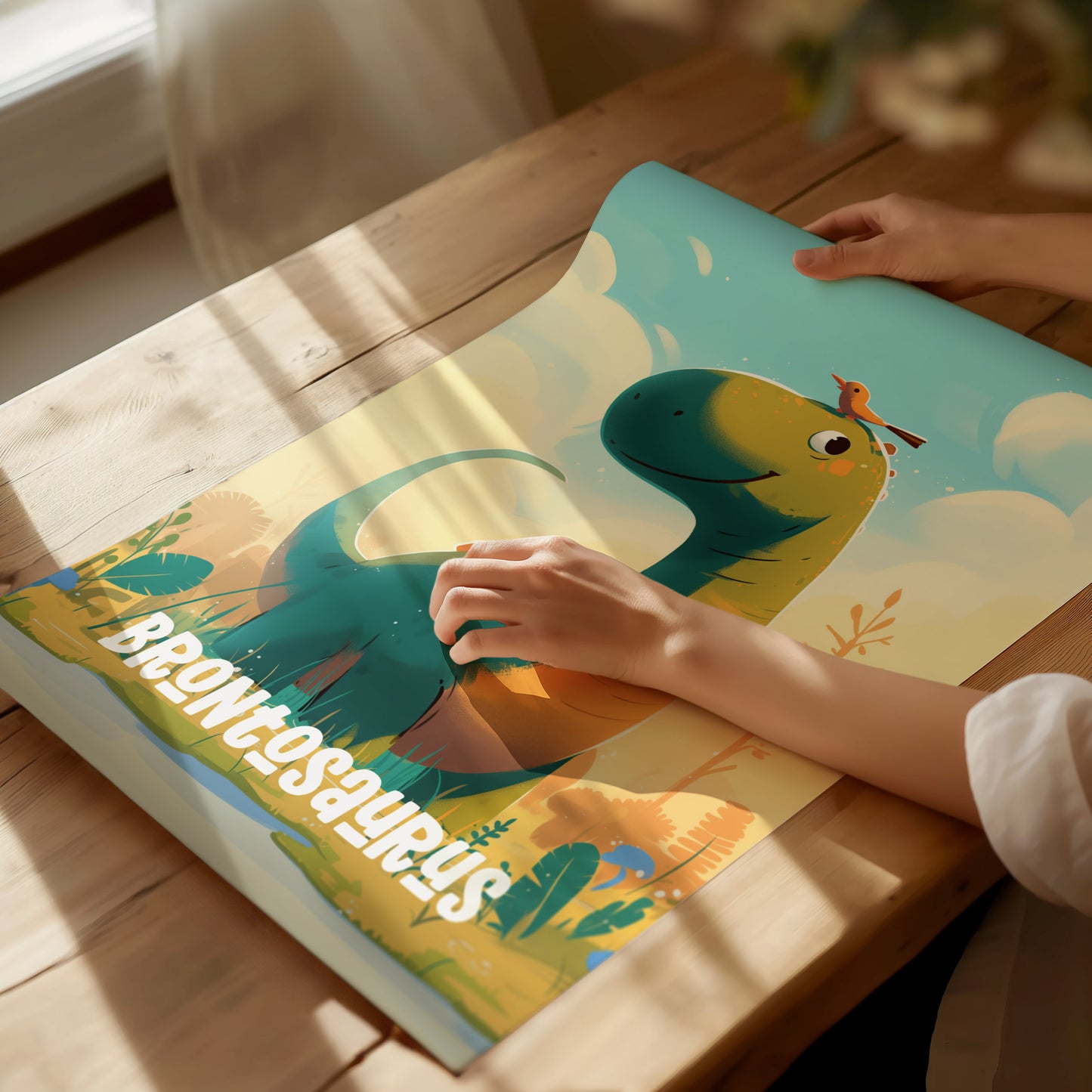 Brontosaurus Cute Dinosaur Poster | Kids Room Nursery Wall Art | Framed or Unframed