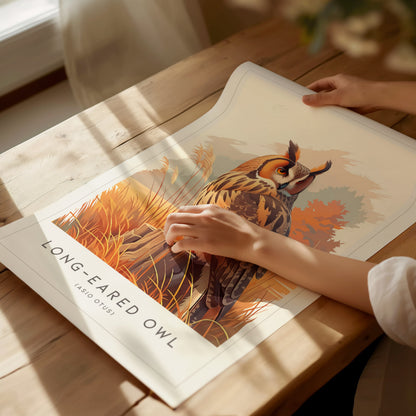 Long-eared Owl, Asio otus Poster | Mysterious Forest Raptor Bird Wall Art — giclée print detail on matte paper