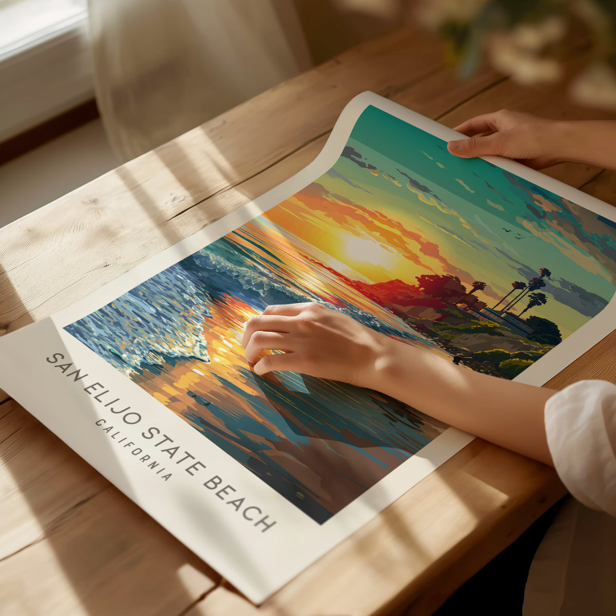 San Elijo State Beach Matte Border Poster | California Travel Wall Art — giclée print detail on matte paper