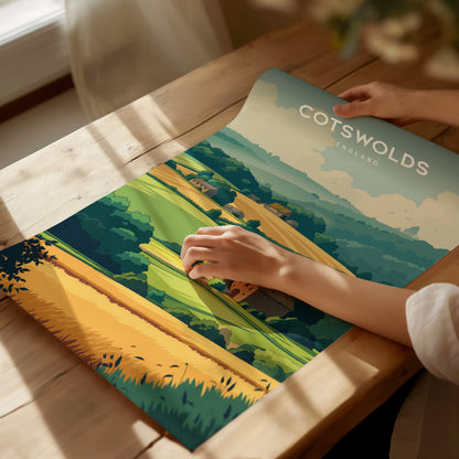 Cotswolds, England Poster | Rolling Hills & Stone Village Wall Art — giclée print detail on matte paper