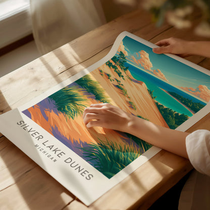 Silver Lake Dunes Matte Border Poster | Michigan Coastal Beach Decor Travel Wall Art — giclée print detail on matte paper
