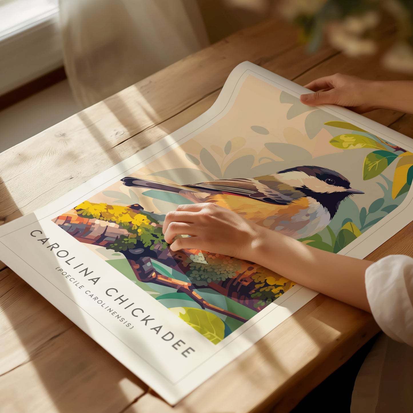 Carolina Chickadee Poster | Charming Songbird in Autumn Branches Wall Art — giclée print detail on matte paper
