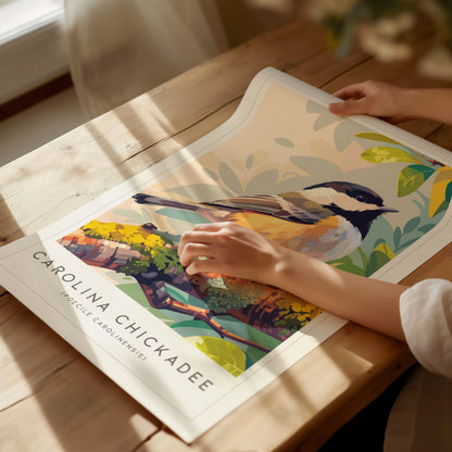 Carolina Chickadee Poster | Charming Songbird in Autumn Branches Wall Art — giclée print detail on matte paper