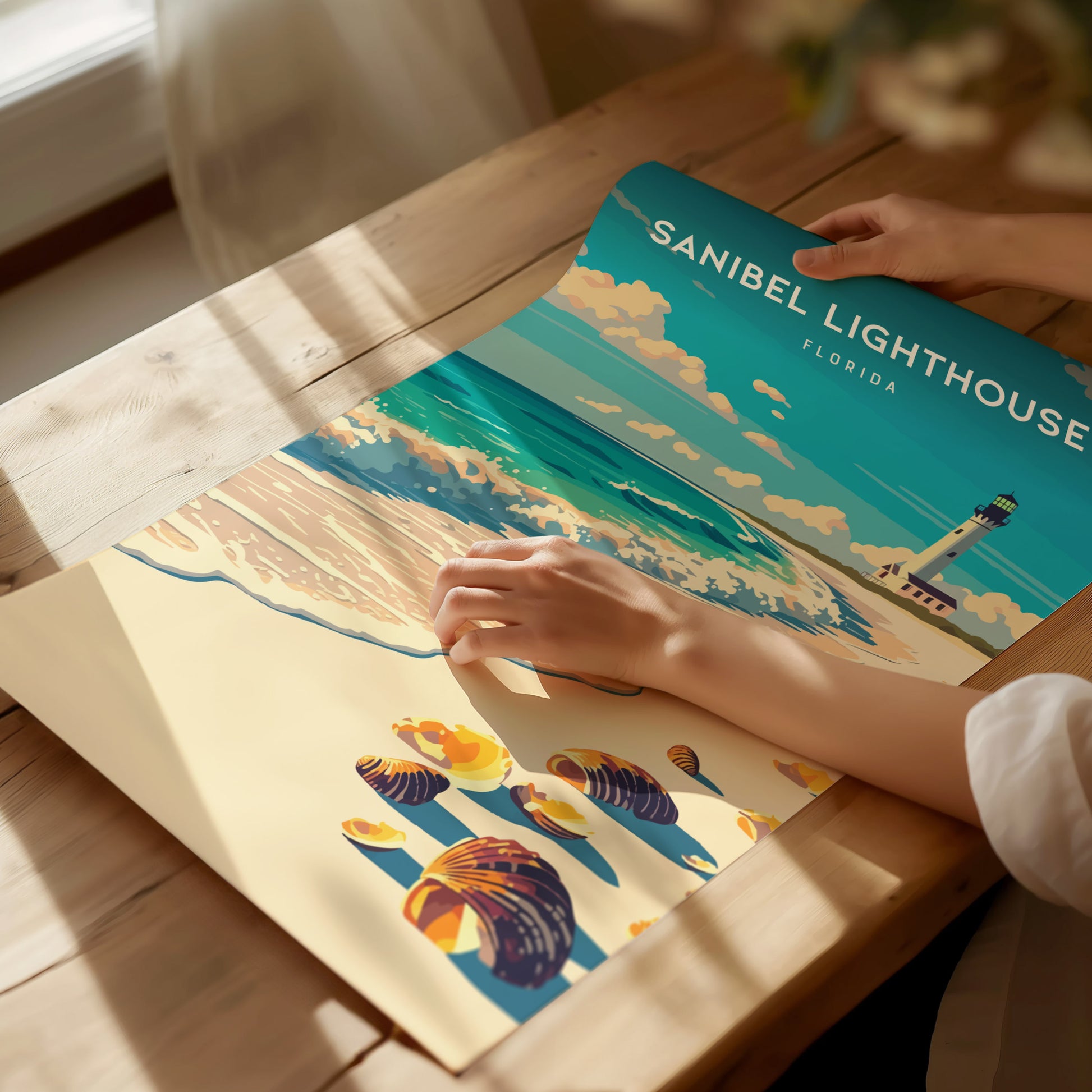 Sanibel Lighthouse, Florida Poster | Gulf Coast Beacon Coastal Decor Wall Art — giclée print detail on matte paper
