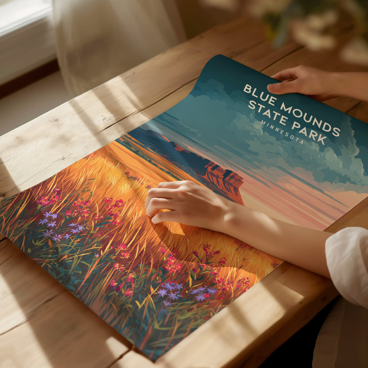 Blue Mounds State Park, Minnesota Poster | Prairie Bluffs & Bison Travel Wall Art — giclée print detail on matte paper